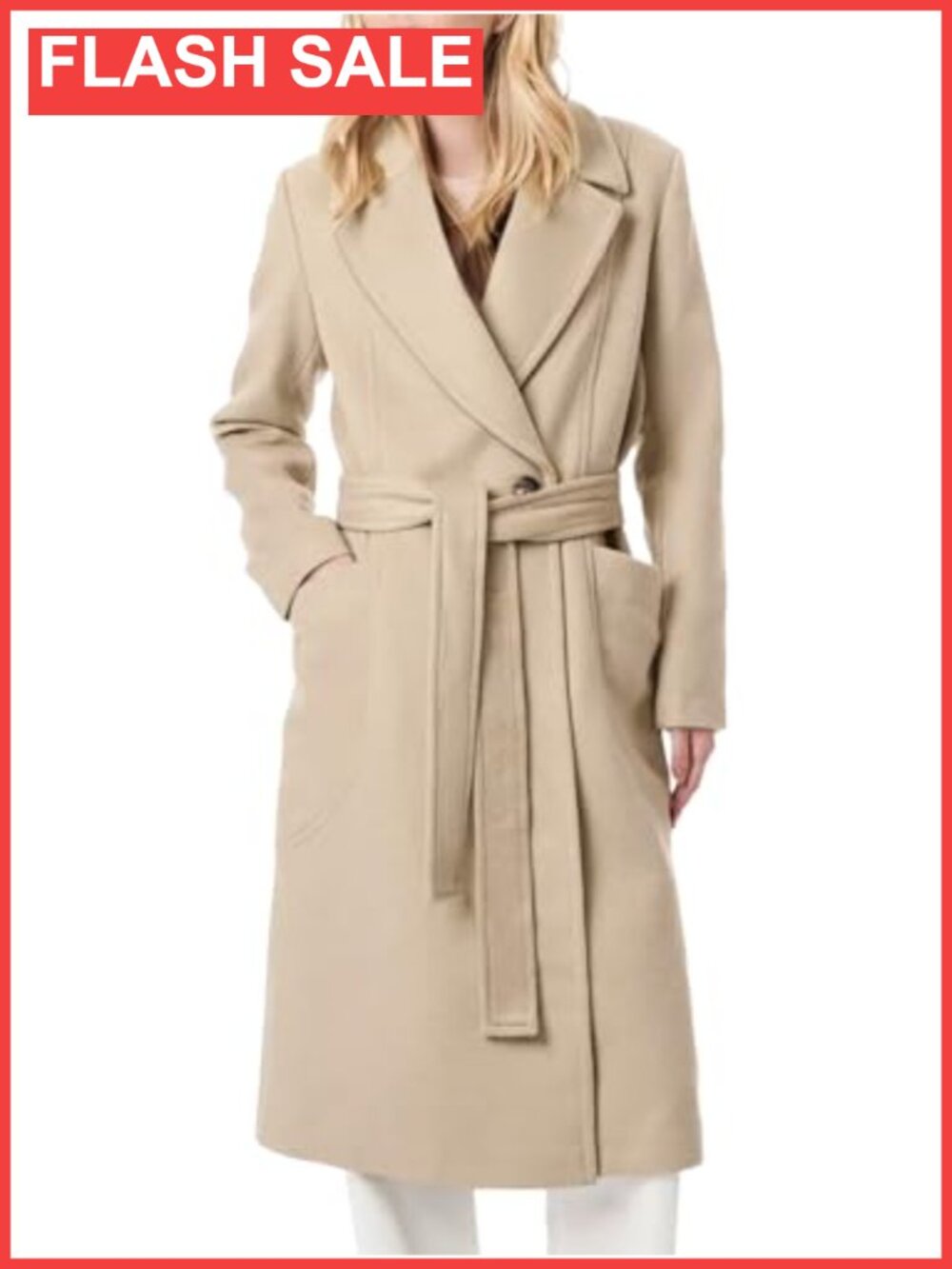 Wool Blend Pea Coat Notch Lapel Double Breasted Belted Overcoat